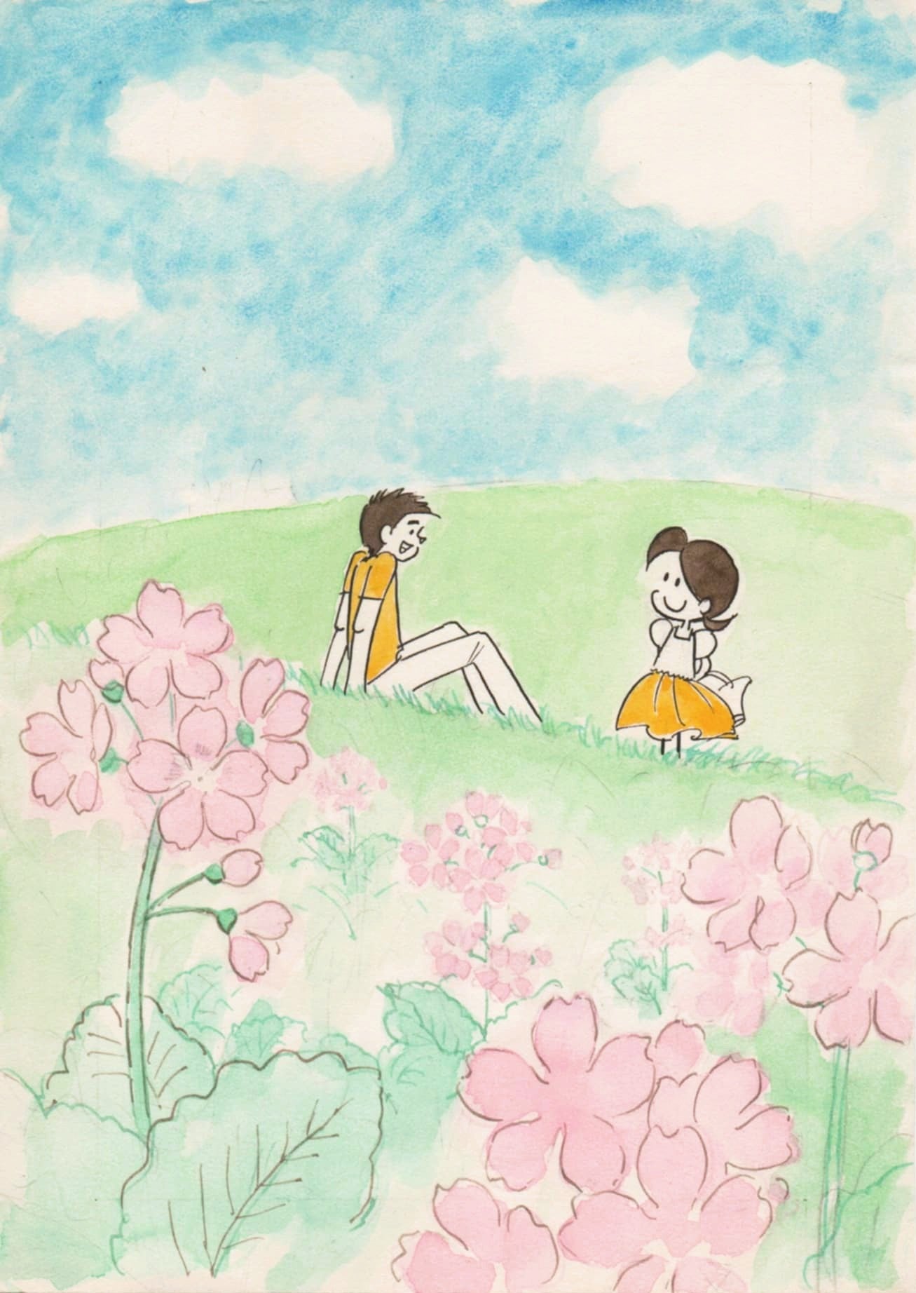 額装水彩画『レンゲの丘』